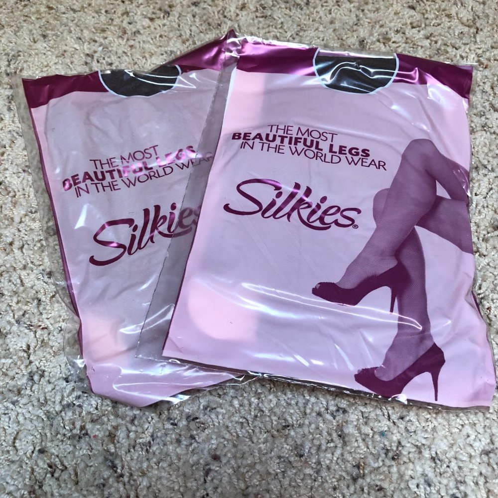 2 Silkies support pantyhose, color--jet black, size medium, vintage pantyhose